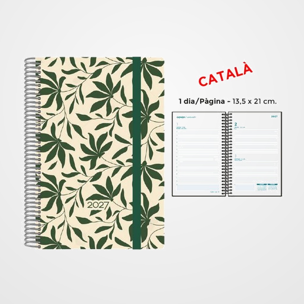 AGENDA ANUAL (2027) SENFORT CATALAN DECORADA ESPIRAL tapa PP con GOMA 135x210 D/P FULLES VERDES