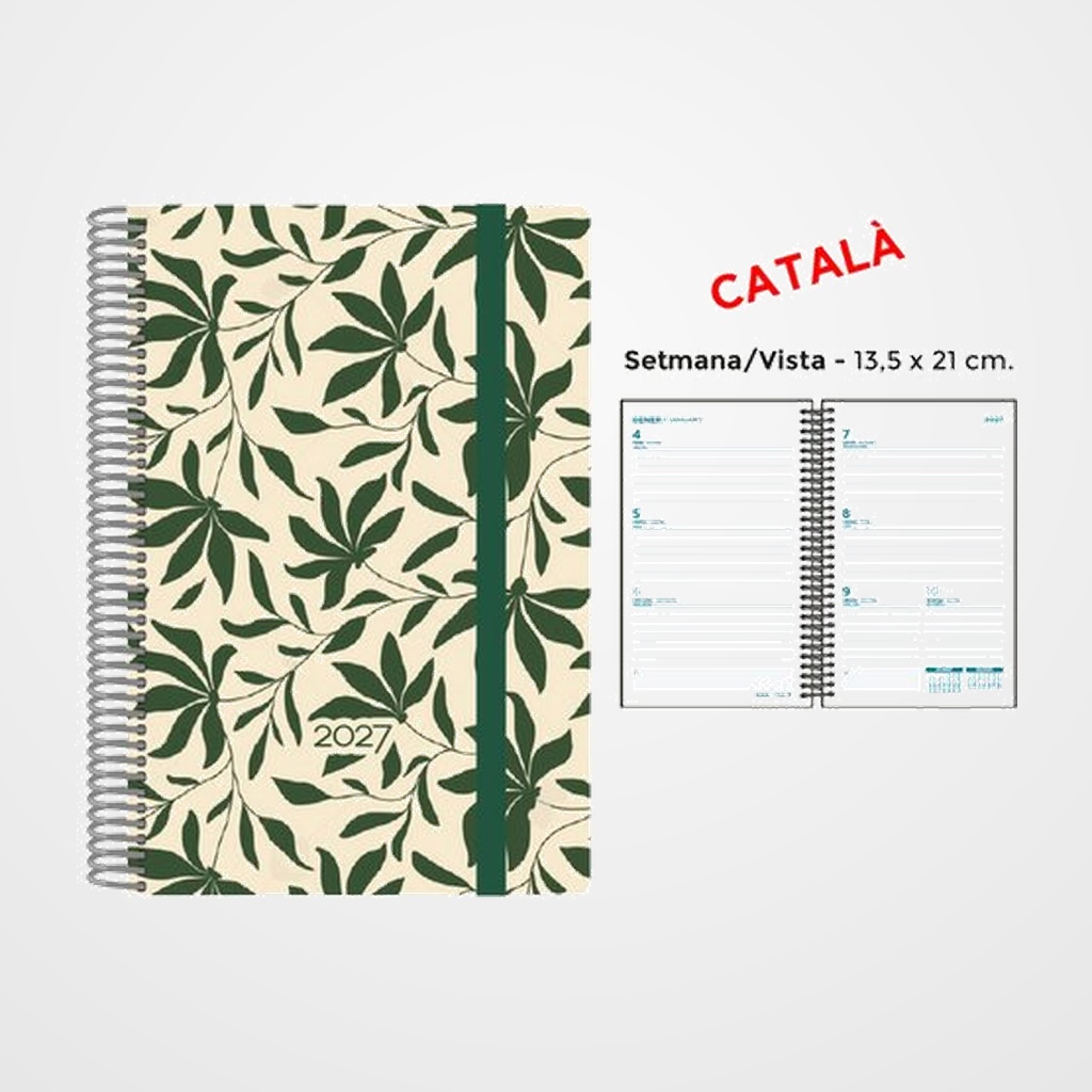 AGENDA ANUAL (2027) SENFORT CATALAN DECORADA ESPIRAL tapa PP con GOMA 135x210 S/V FULLES VERDES