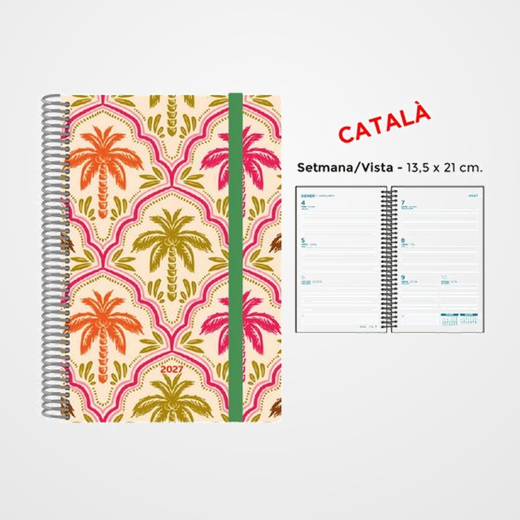 AGENDA ANUAL (2027) SENFORT CATALAN DECORADA ESPIRAL tapa PP con GOMA 135x210 S/V PALMERES COLOR