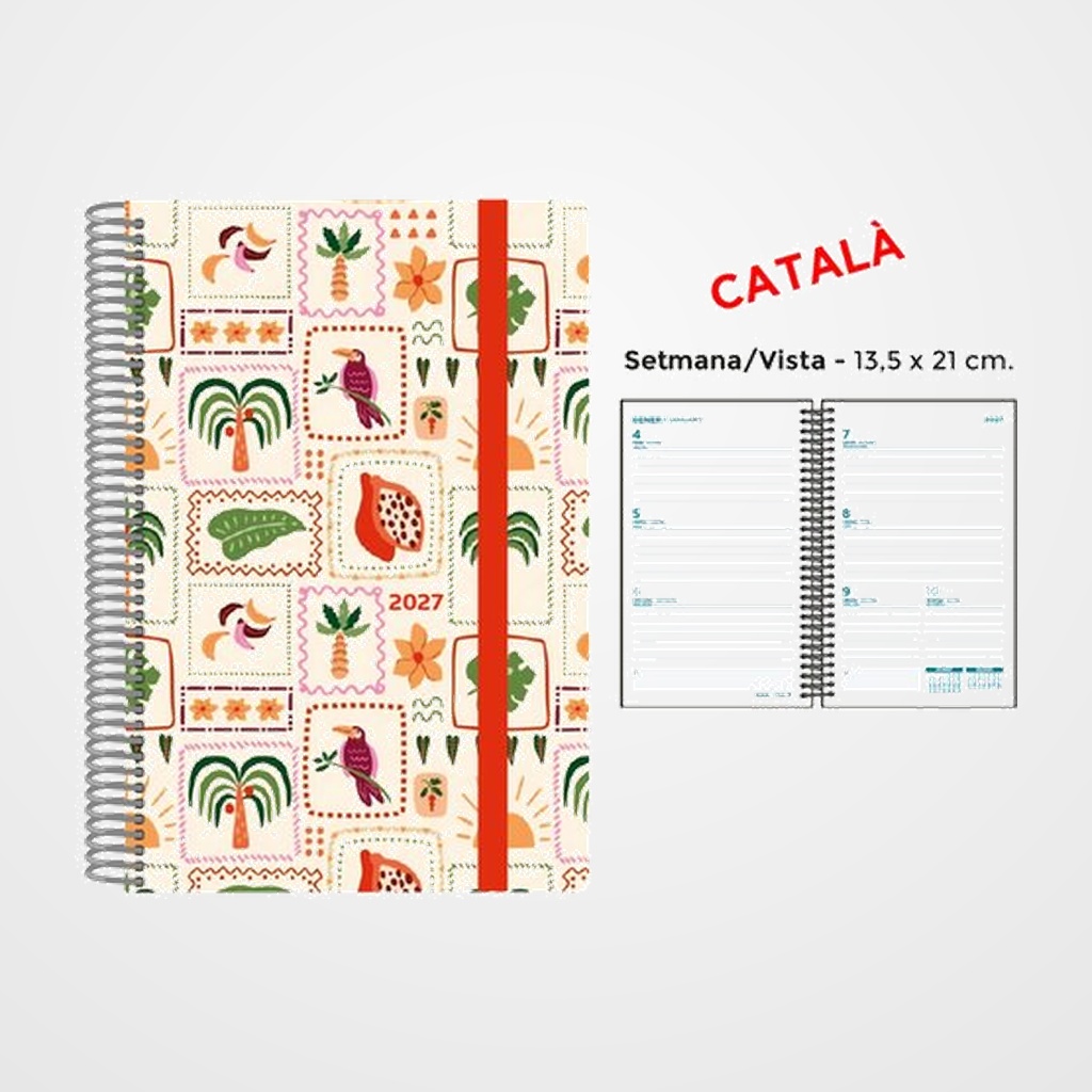 AGENDA ANUAL (2027) SENFORT CATALAN DECORADA ESPIRAL tapa PP con GOMA 135x210 S/V TROPICAL