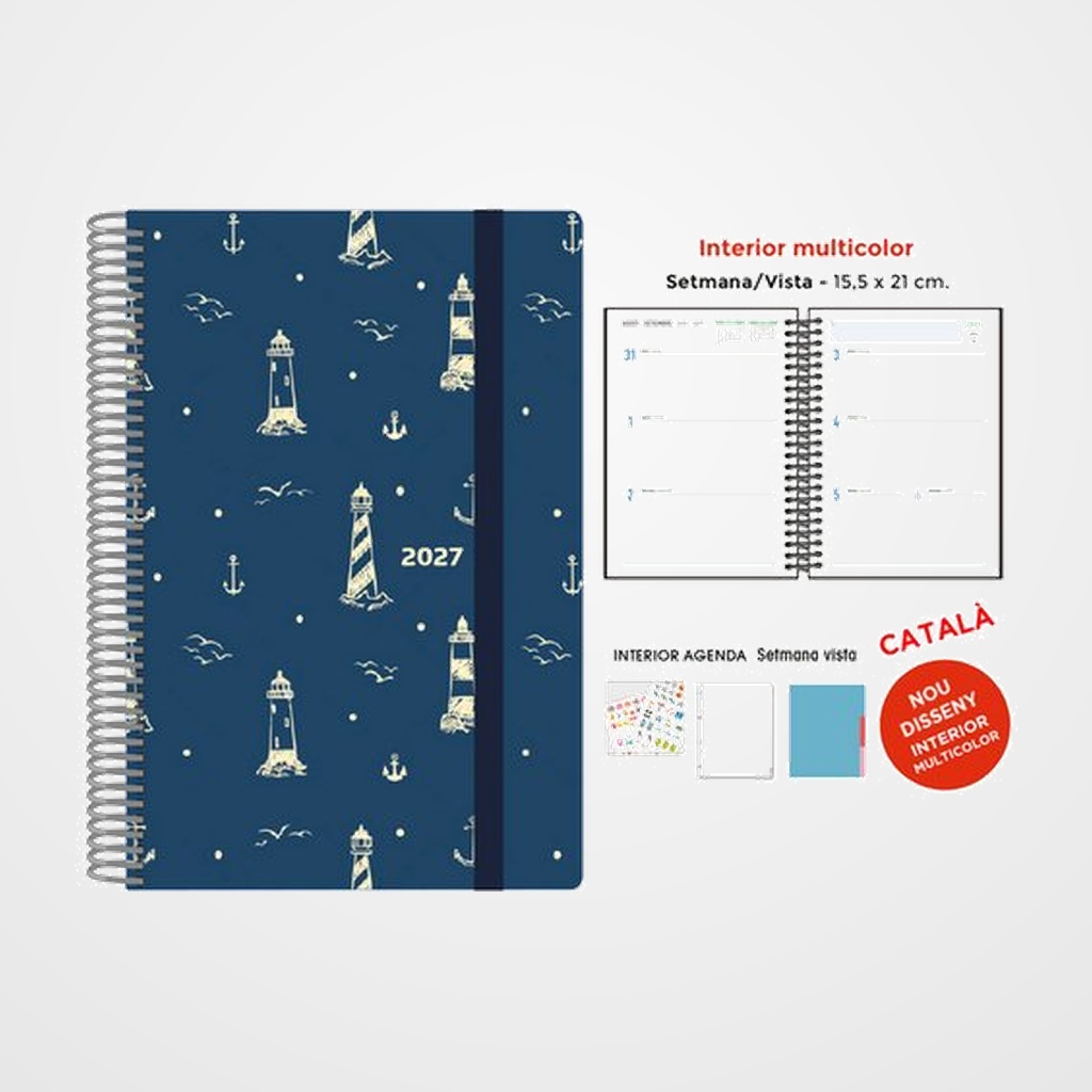AGENDA ANUAL (2027) SENFORT CATALAN DECORADA WIRE-O tapa EXTRA con GOMA 155x210 S/V FAR