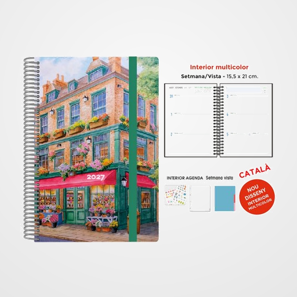 AGENDA ANUAL (2027) SENFORT CATALAN DECORADA WIRE-O tapa EXTRA con GOMA 155x210 S/V FLORISTERIA