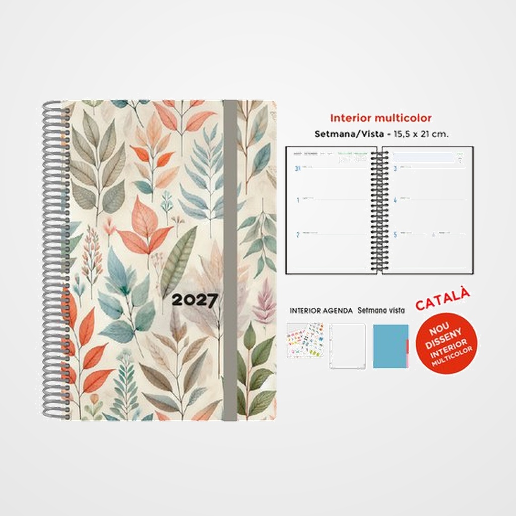 AGENDA ANUAL (2027) SENFORT CATALAN DECORADA WIRE-O tapa EXTRA con GOMA 155x210 S/V FULLES COLOR