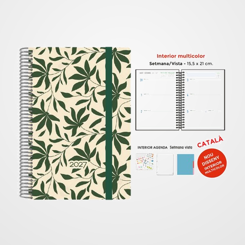 AGENDA ANUAL (2027) SENFORT CATALAN DECORADA WIRE-O tapa EXTRA con GOMA 155x210 S/V FULLES VERDES