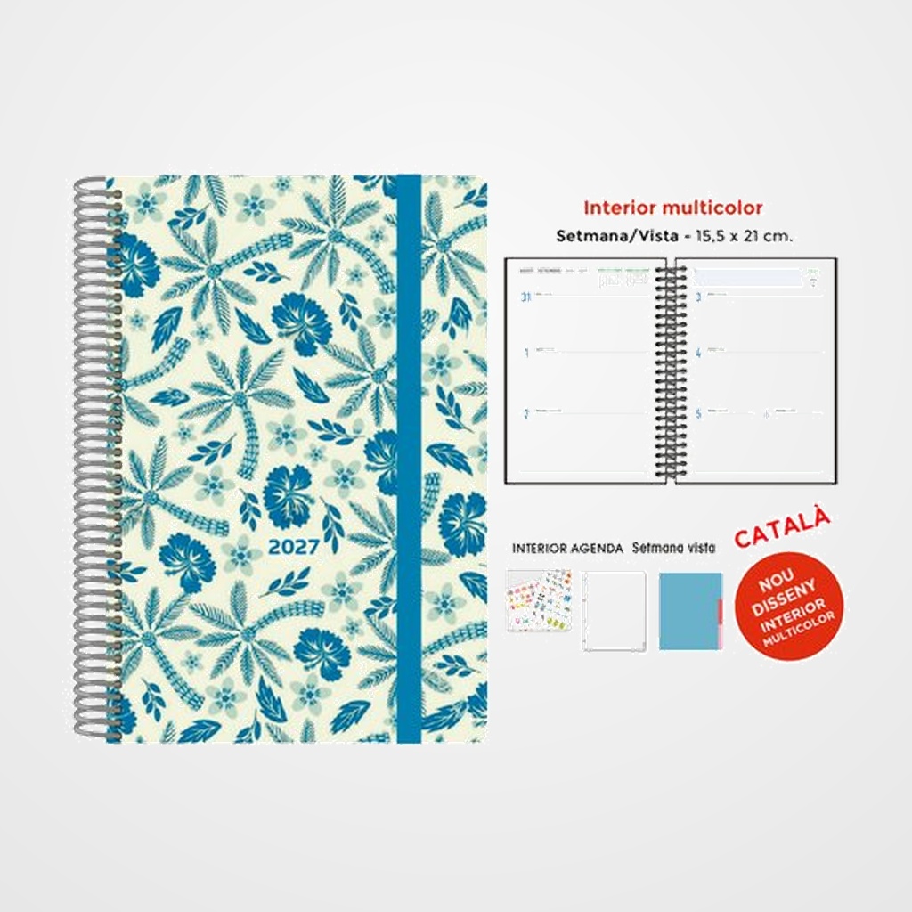 AGENDA ANUAL (2027) SENFORT CATALAN DECORADA WIRE-O tapa EXTRA con GOMA 155x210 S/V PALMERES BLAU