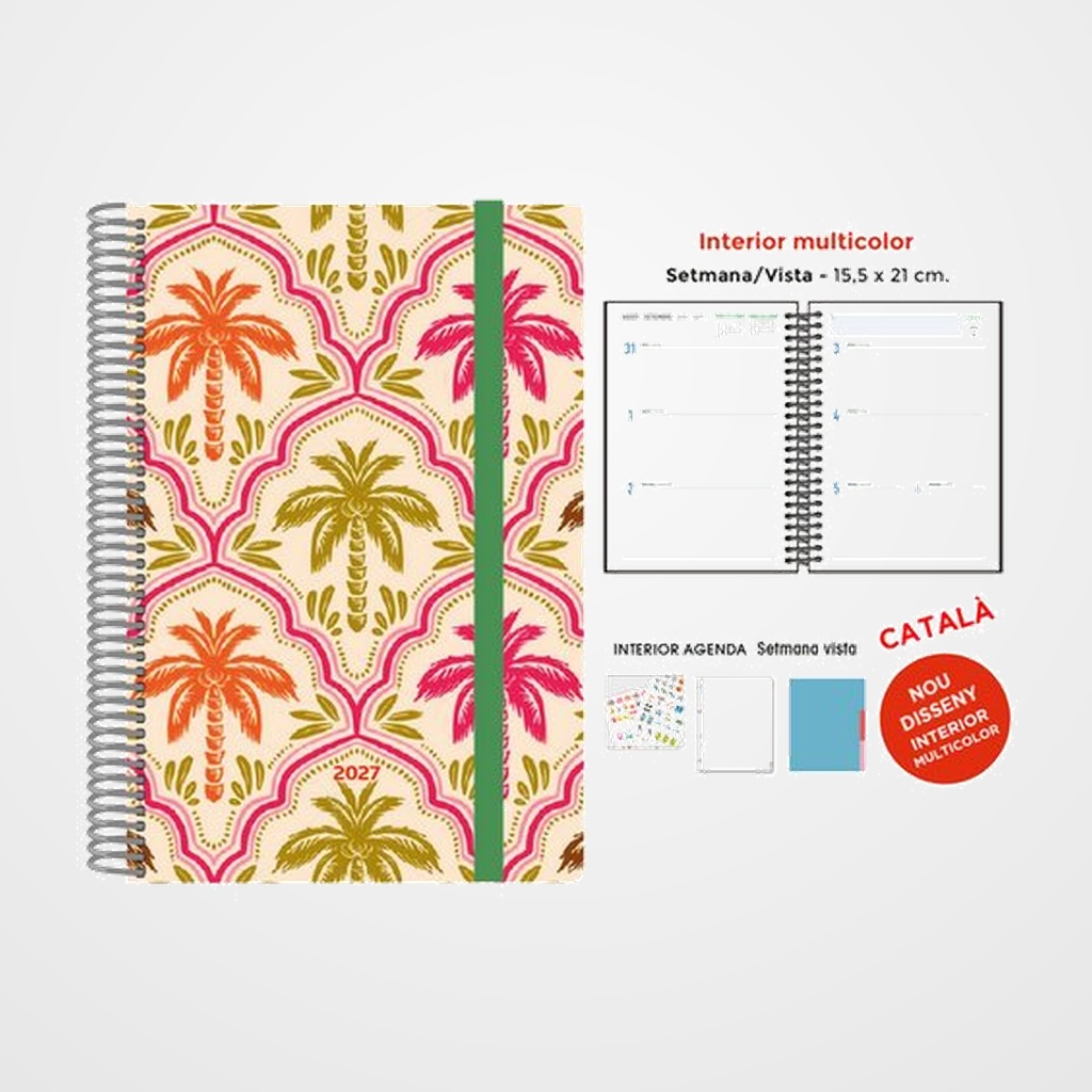AGENDA ANUAL (2027) SENFORT CATALAN DECORADA WIRE-O tapa EXTRA con GOMA 155x210 S/V PALMERES COLOR