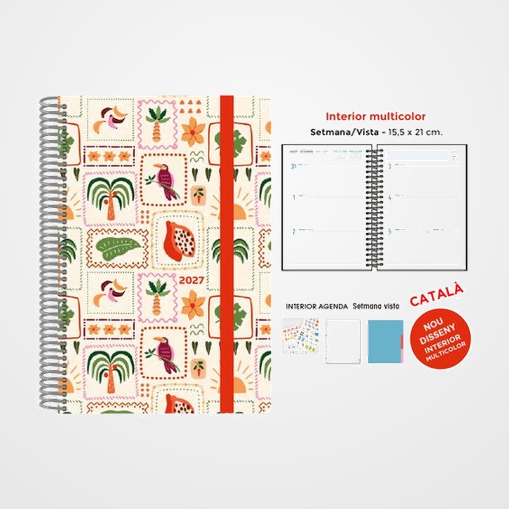 AGENDA ANUAL (2027) SENFORT CATALAN DECORADA WIRE-O tapa EXTRA con GOMA 155x210 S/V TROPICAL