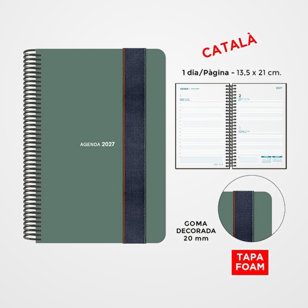 AGENDA ANUAL (2027) SENFORT CATALAN FOAM SEOUL ESPIRAL tapa PP FOAM con GOMA 135x210 D/P VERD