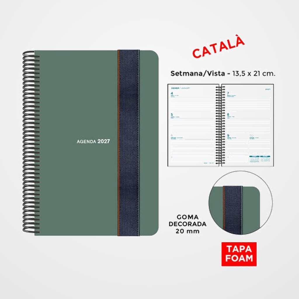 AGENDA ANUAL (2027) SENFORT CATALAN FOAM SEOUL ESPIRAL tapa PP FOAM con GOMA 135x210 S/V VERD
