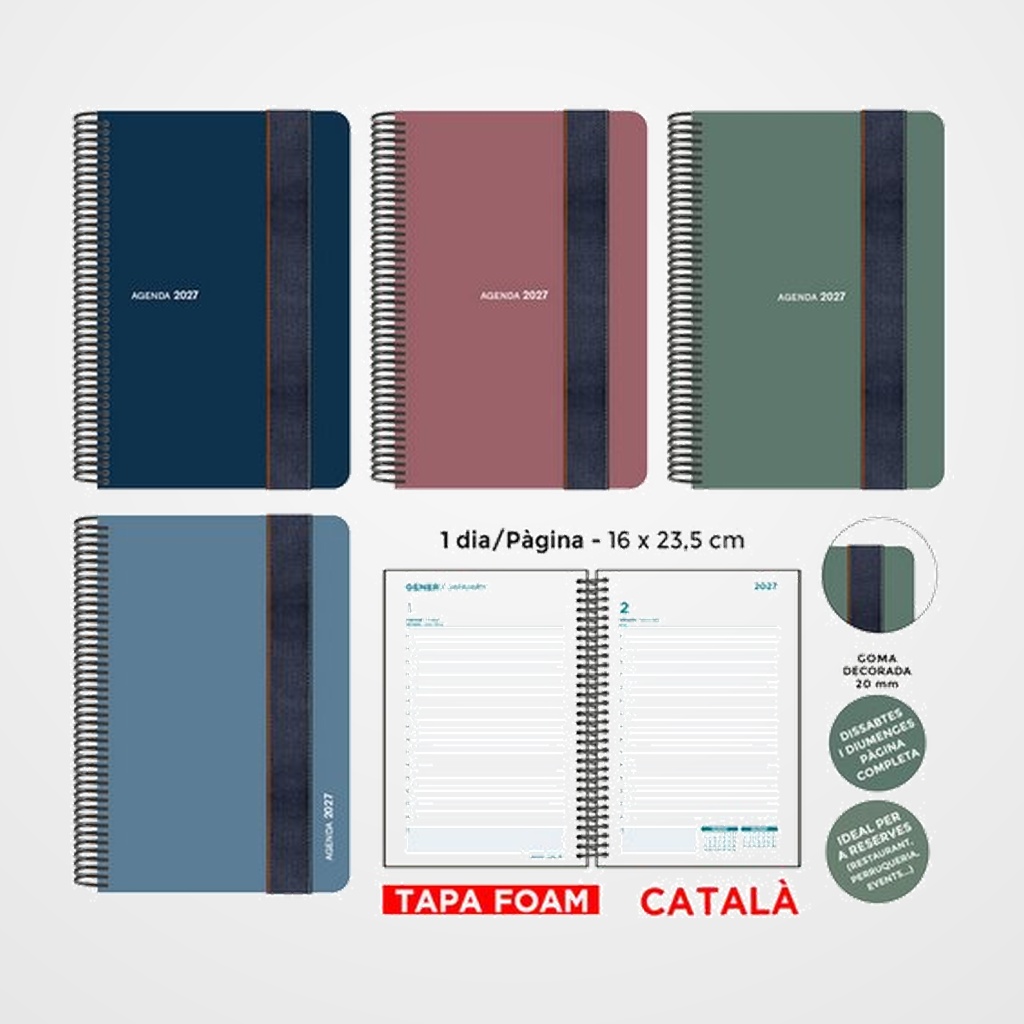 AGENDA ANUAL (2027) SENFORT CATALAN FOAM SEOUL ESPIRAL tapa PP FOAM con GOMA 160x235 D/P ASSORTIMENT DE 4