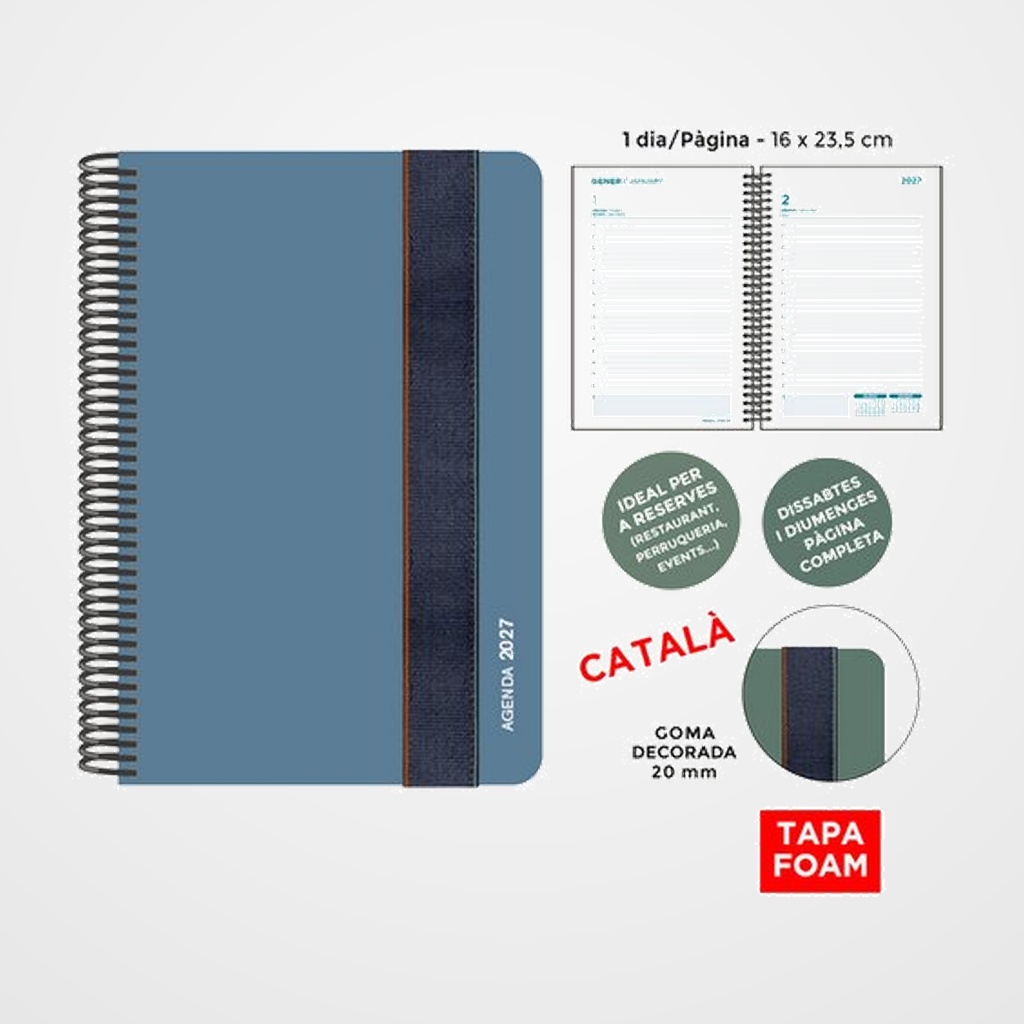 AGENDA ANUAL (2027) SENFORT CATALAN FOAM SEOUL ESPIRAL tapa PP FOAM con GOMA 160x235 D/P BLAU PLOM
