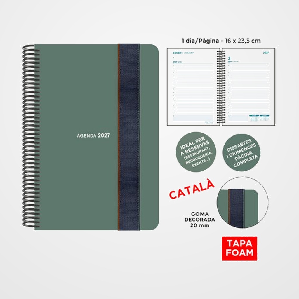 AGENDA ANUAL (2027) SENFORT CATALAN FOAM SEOUL ESPIRAL tapa PP FOAM con GOMA 160x235 D/P VERD