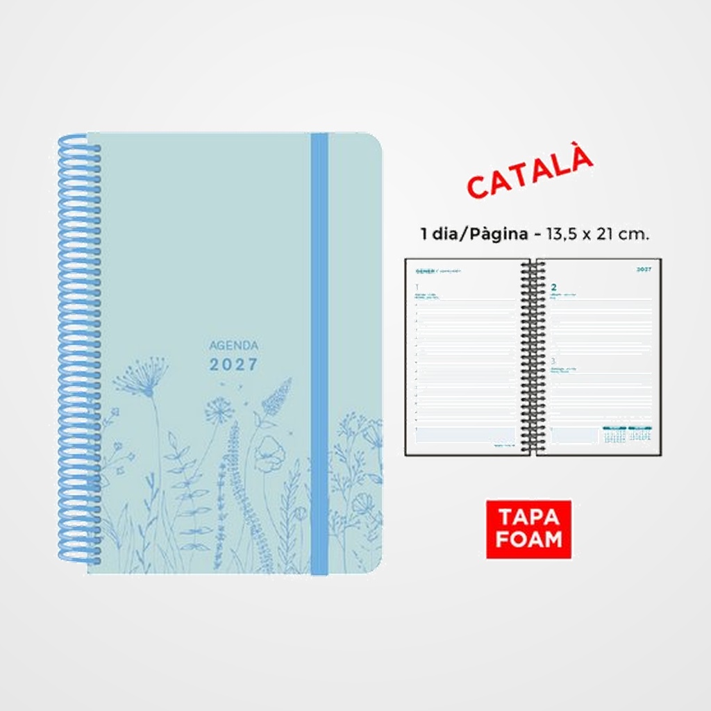 AGENDA ANUAL (2027) SENFORT CATALAN FOAM SPRING ESPIRAL tapa PP FOAM con GOMA 135x210 D/P BLAU PASTIS