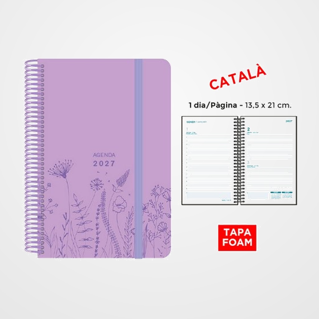 AGENDA ANUAL (2027) SENFORT CATALAN FOAM SPRING ESPIRAL tapa PP FOAM con GOMA 135x210 D/P LILA PASTIS