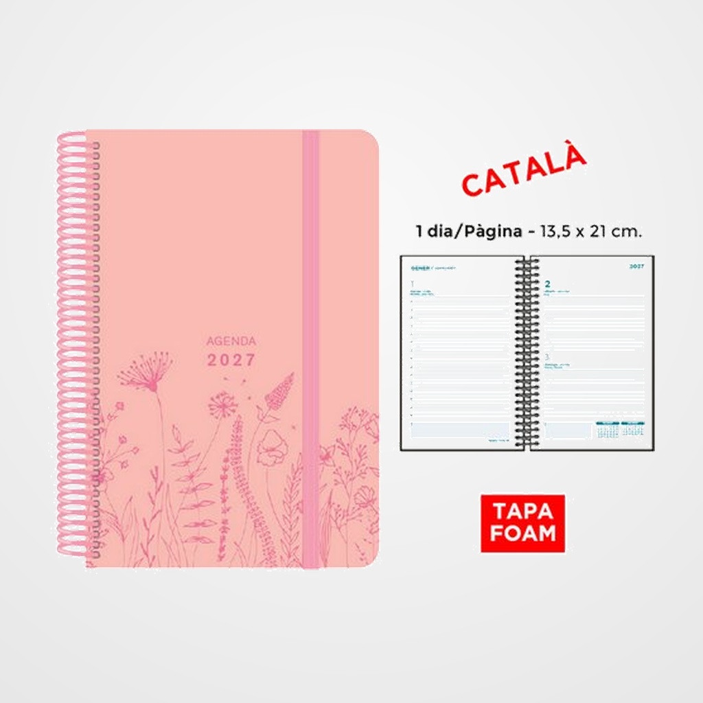 AGENDA ANUAL (2027) SENFORT CATALAN FOAM SPRING ESPIRAL tapa PP FOAM con GOMA 135x210 D/P ROSA PASTIS