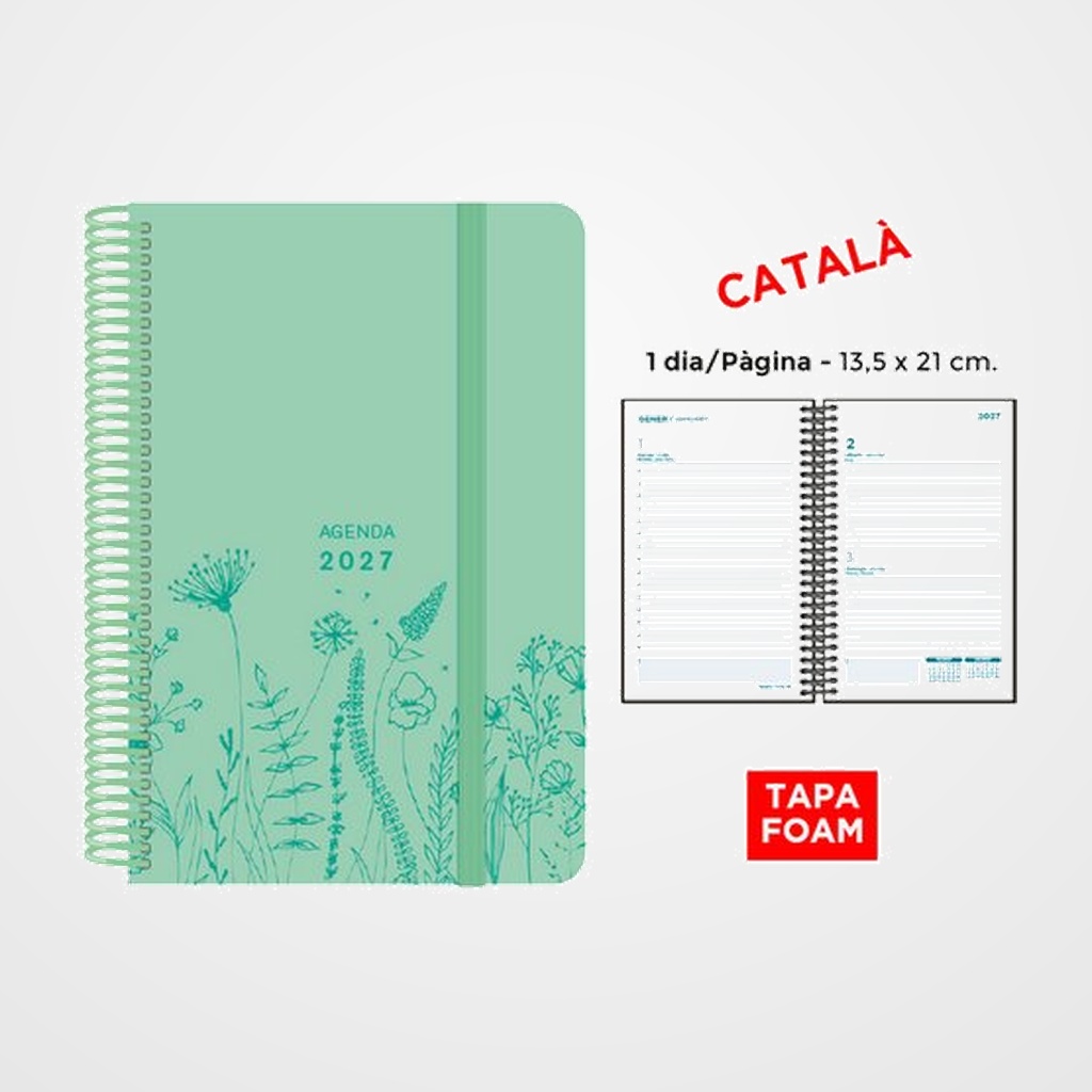 AGENDA ANUAL (2027) SENFORT CATALAN FOAM SPRING ESPIRAL tapa PP FOAM con GOMA 135x210 D/P VERD PASTIS