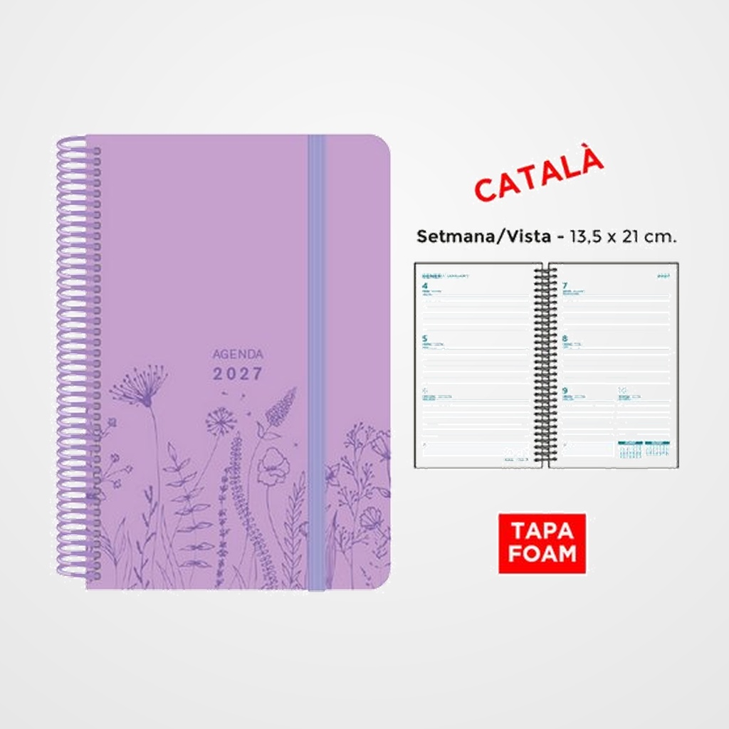 AGENDA ANUAL (2027) SENFORT CATALAN FOAM SPRING ESPIRAL tapa PP FOAM con GOMA 135x210 S/V LILA PASTIS