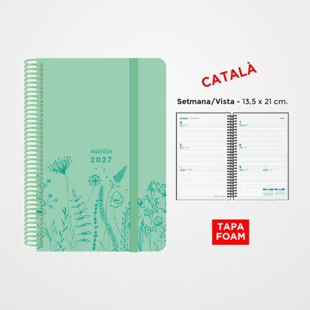 AGENDA ANUAL (2027) SENFORT CATALAN FOAM SPRING ESPIRAL tapa PP FOAM con GOMA 135x210 S/V VERD PASTIS
