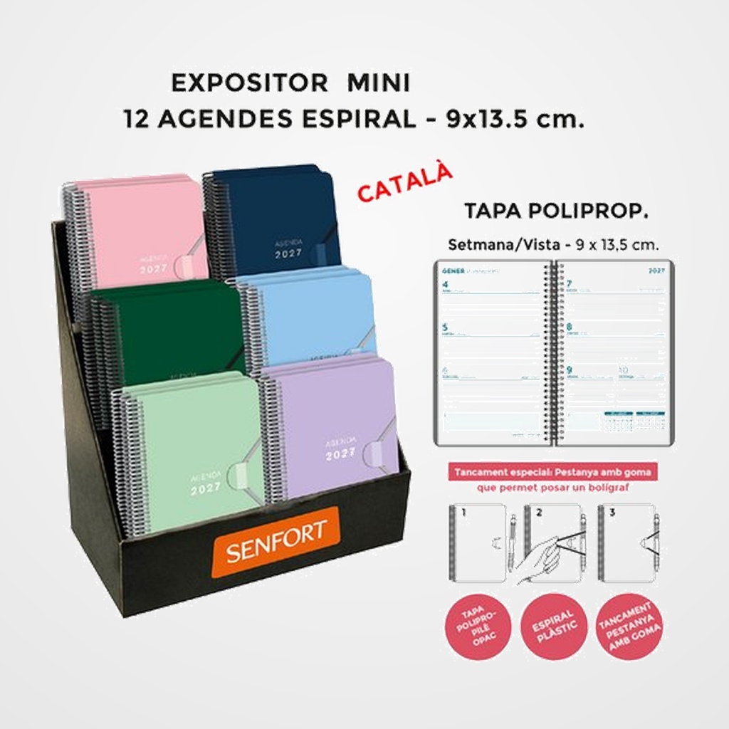 AGENDA ANUAL (2027) SENFORT CATALAN MINI ESPIRAL S/V 90x135 ASSORTIMENT EXPOSITOR DE 12
