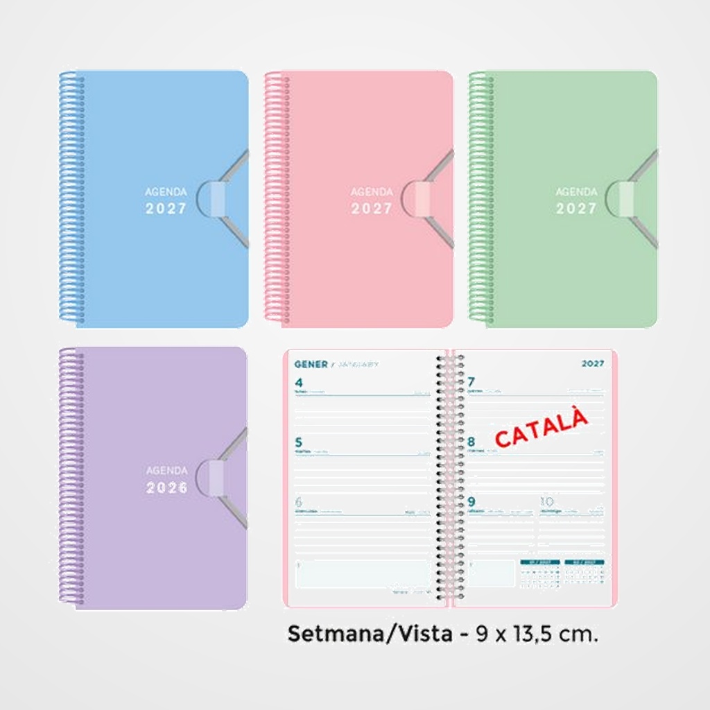 AGENDA ANUAL (2027) SENFORT CATALAN MINI ESPIRAL tapa PP con GOMA 90x135 S/V ASSORTIMENT DE 4