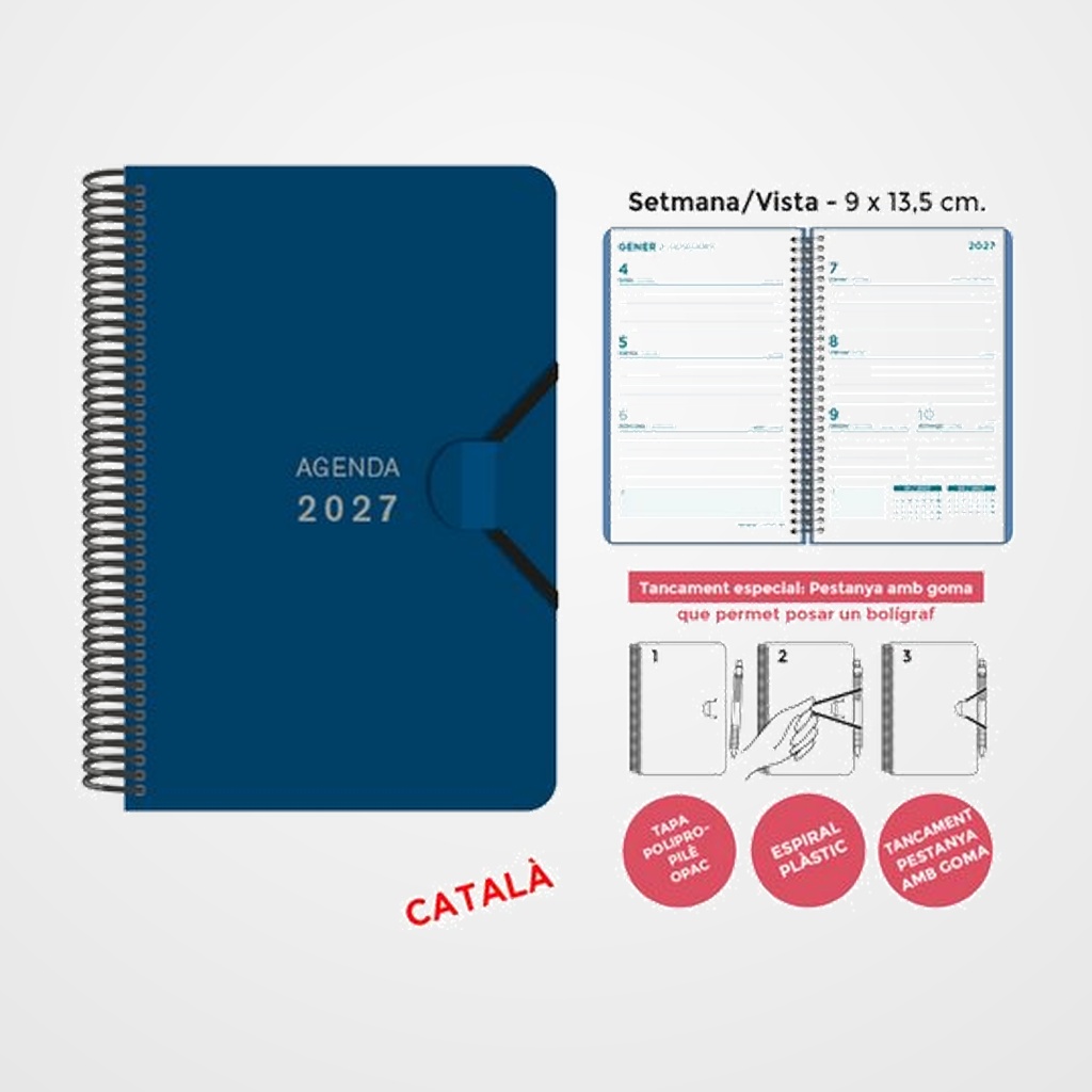 AGENDA ANUAL (2027) SENFORT CATALAN MINI ESPIRAL tapa PP con GOMA 90x135 S/V BLAU