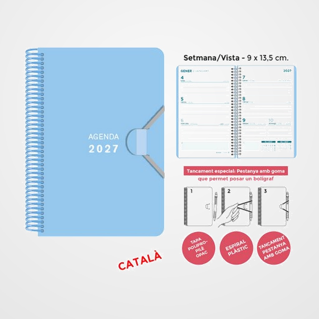AGENDA ANUAL (2027) SENFORT CATALAN MINI ESPIRAL tapa PP con GOMA 90x135 S/V BLAU PASTIS