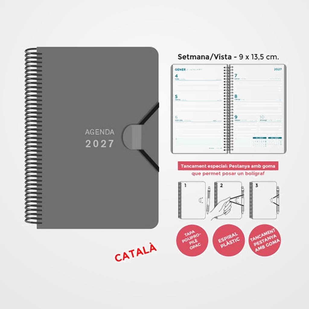AGENDA ANUAL (2027) SENFORT CATALAN MINI ESPIRAL tapa PP con GOMA 90x135 S/V GRIS