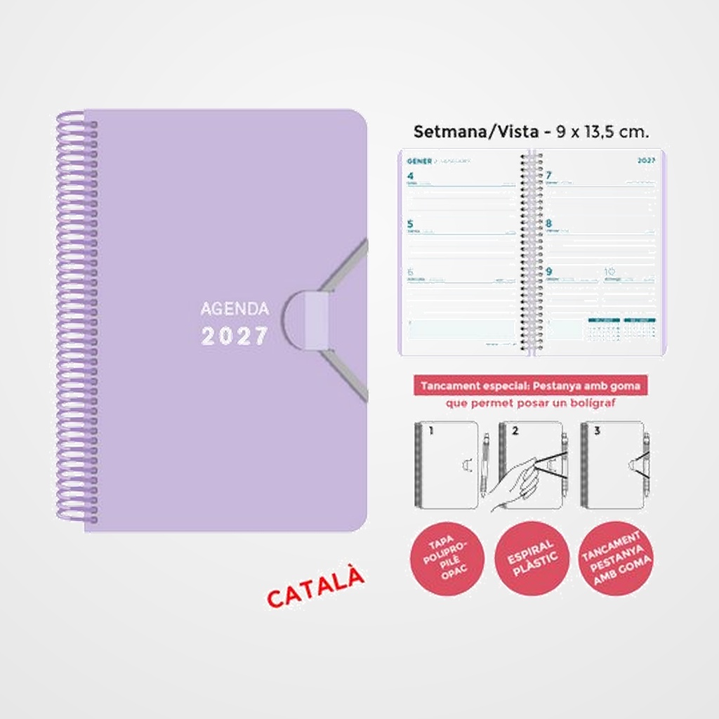 AGENDA ANUAL (2027) SENFORT CATALAN MINI ESPIRAL tapa PP con GOMA 90x135 S/V LILA PASTIS