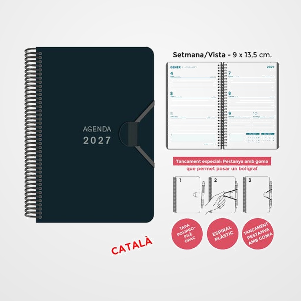 AGENDA ANUAL (2027) SENFORT CATALAN MINI ESPIRAL tapa PP con GOMA 90x135 S/V NEGRE