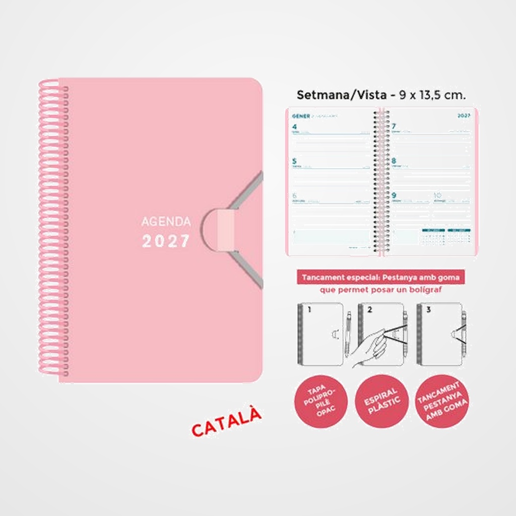 AGENDA ANUAL (2027) SENFORT CATALAN MINI ESPIRAL tapa PP con GOMA 90x135 S/V ROSA PASTIS