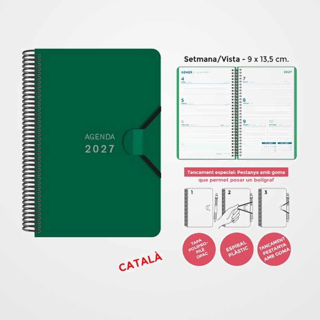AGENDA ANUAL (2027) SENFORT CATALAN MINI ESPIRAL tapa PP con GOMA 90x135 S/V VERD FOSC