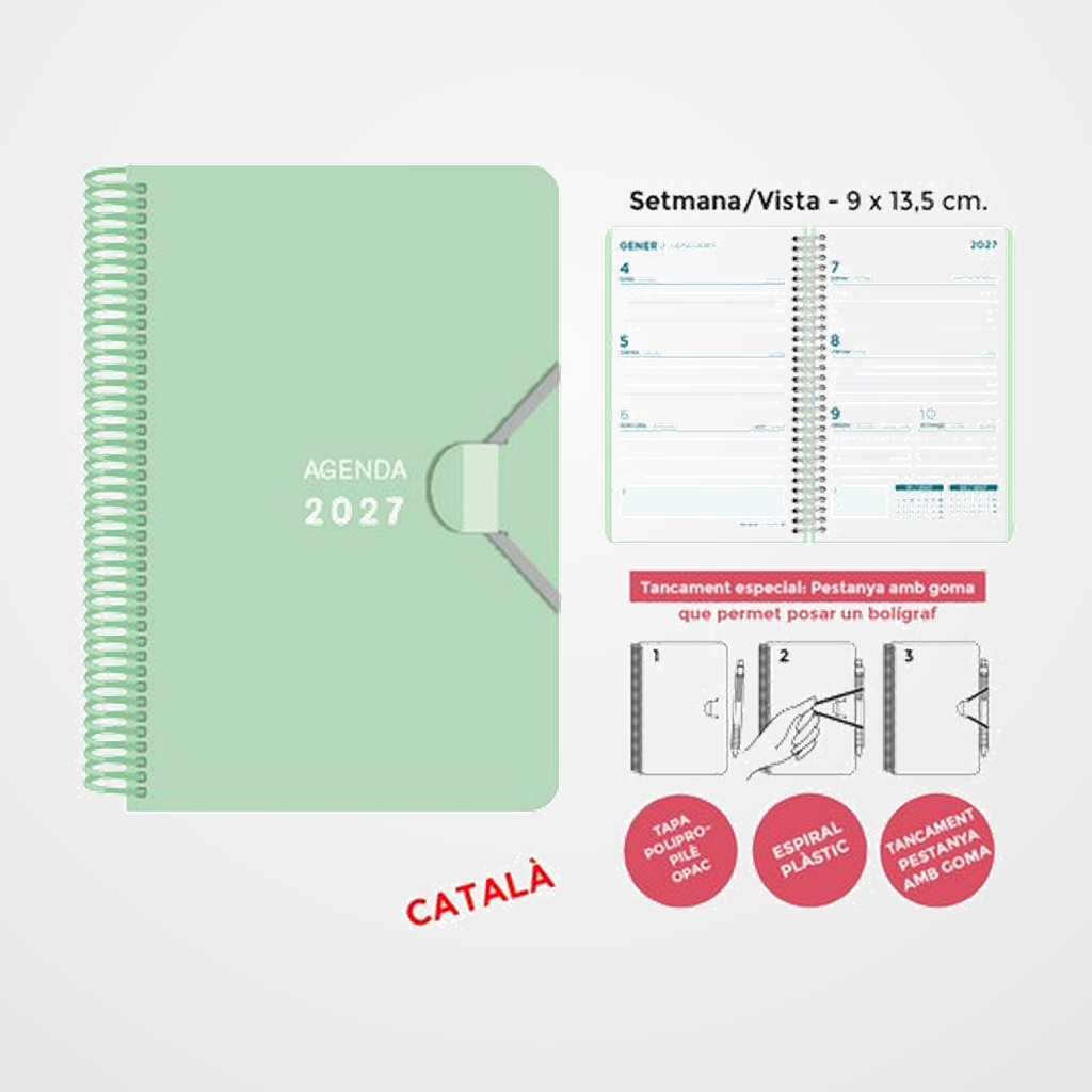 AGENDA ANUAL (2027) SENFORT CATALAN MINI ESPIRAL tapa PP con GOMA 90x135 S/V VERD PASTIS