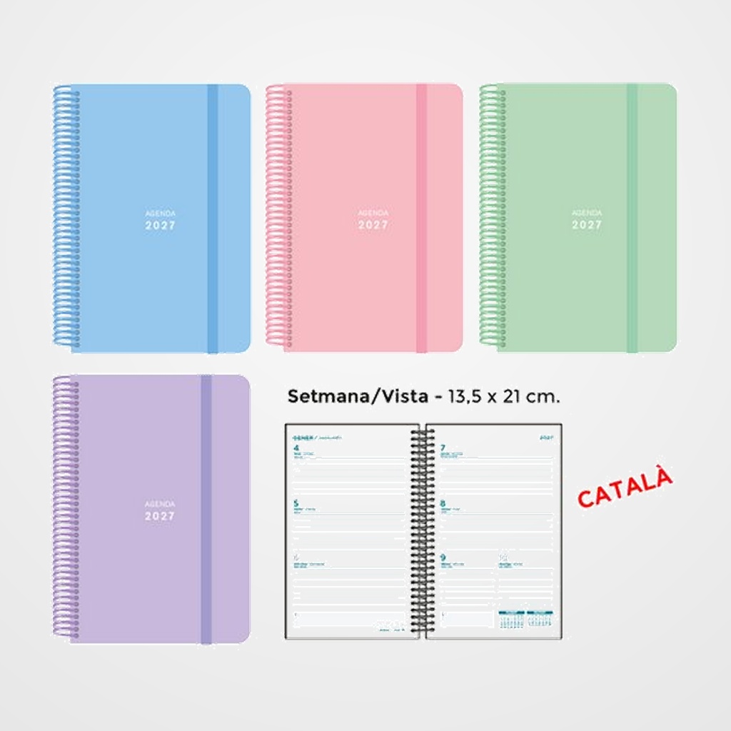 AGENDA ANUAL (2027) SENFORT CATALAN PASTEL ESPIRAL tapa PP con GOMA 135x210 S/V ASSORTIMENT DE 4