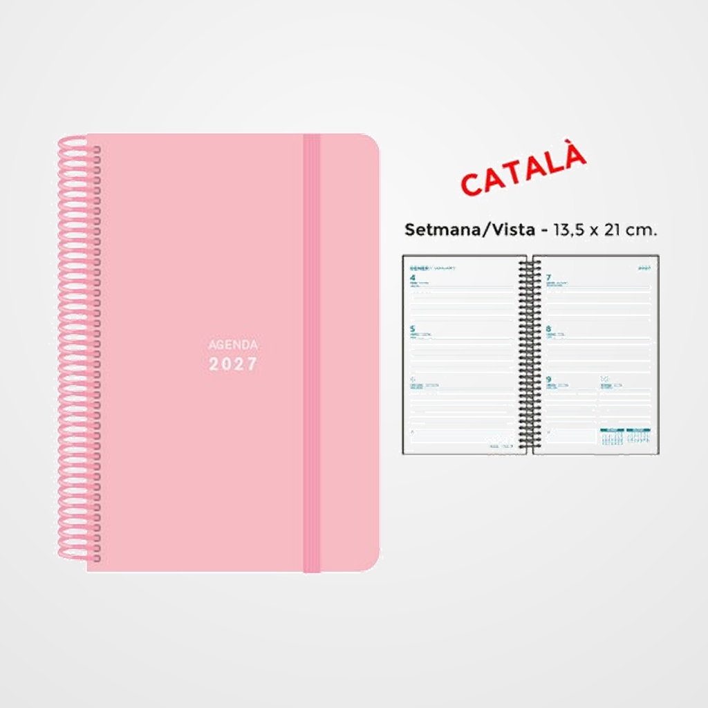 AGENDA ANUAL (2027) SENFORT CATALAN PASTEL ESPIRAL tapa PP con GOMA 135x210 S/V ROSA