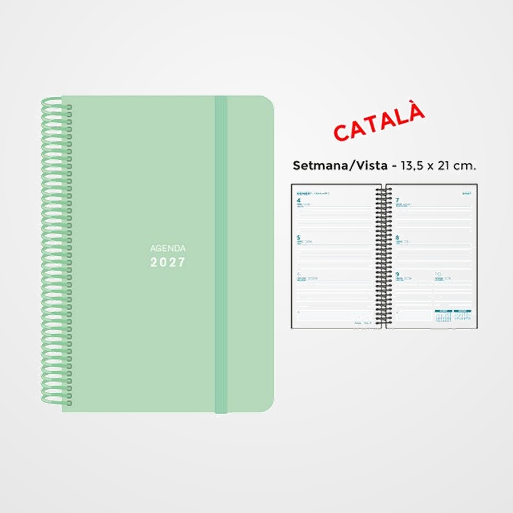 AGENDA ANUAL (2027) SENFORT CATALAN PASTEL ESPIRAL tapa PP con GOMA 135x210 S/V VERD