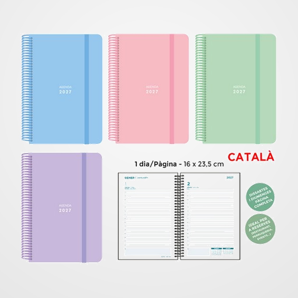 AGENDA ANUAL (2027) SENFORT CATALAN PASTEL ESPIRAL tapa PP con GOMA 160x235 D/P ASSORTIMENT DE 4