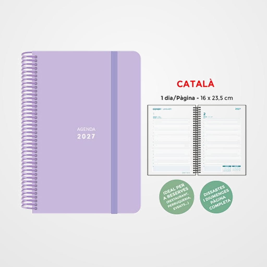 AGENDA ANUAL (2027) SENFORT CATALAN PASTEL ESPIRAL tapa PP con GOMA 160x235 D/P LILA