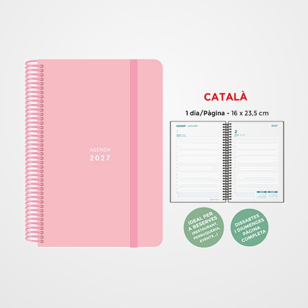 AGENDA ANUAL (2027) SENFORT CATALAN PASTEL ESPIRAL tapa PP con GOMA 160x235 D/P ROSA