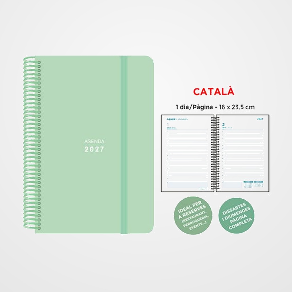 AGENDA ANUAL (2027) SENFORT CATALAN PASTEL ESPIRAL tapa PP con GOMA 160x235 D/P VERD