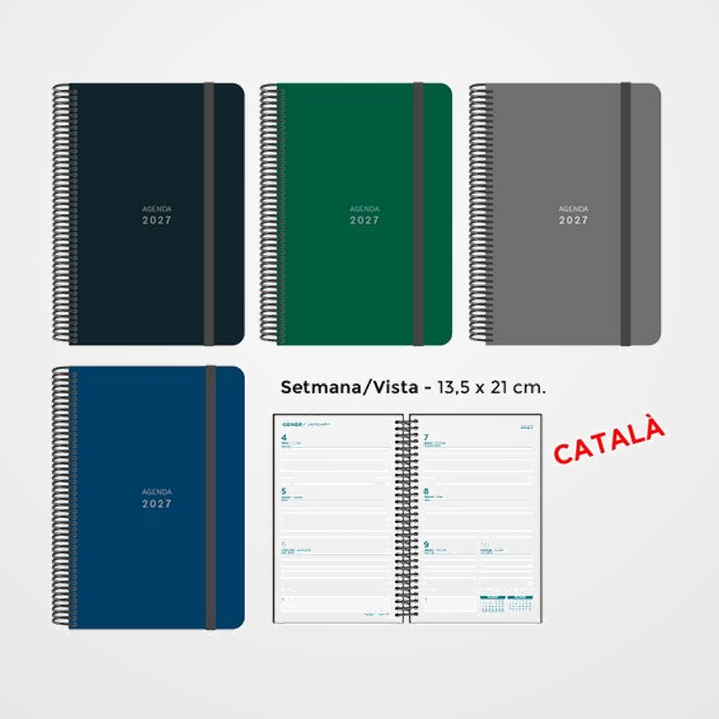 AGENDA ANUAL (2027) SENFORT CATALAN UNICOLOR ESPIRAL tapa PP con GOMA 135x210 S/V ASSORTIMENT DE 4