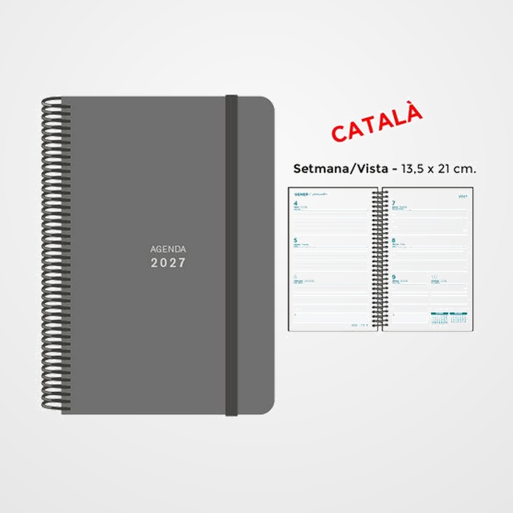 AGENDA ANUAL (2027) SENFORT CATALAN UNICOLOR ESPIRAL tapa PP con GOMA 135x210 S/V GRIS