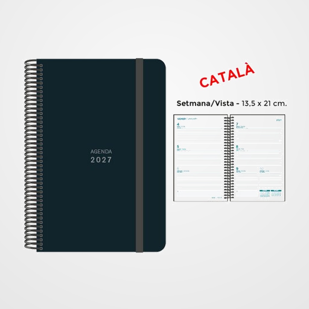 AGENDA ANUAL (2027) SENFORT CATALAN UNICOLOR ESPIRAL tapa PP con GOMA 135x210 S/V NEGRE