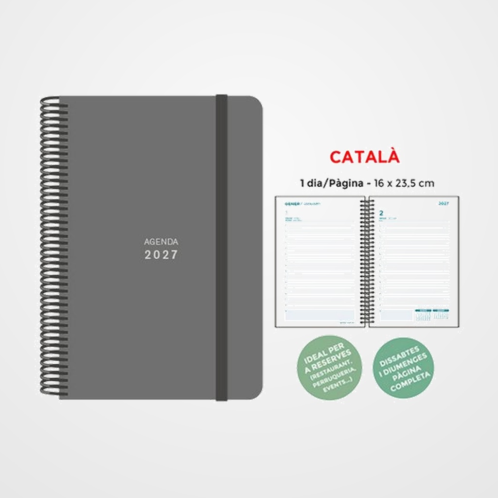 AGENDA ANUAL (2027) SENFORT CATALAN UNICOLOR ESPIRAL tapa PP con GOMA 160x235 D/P GRIS