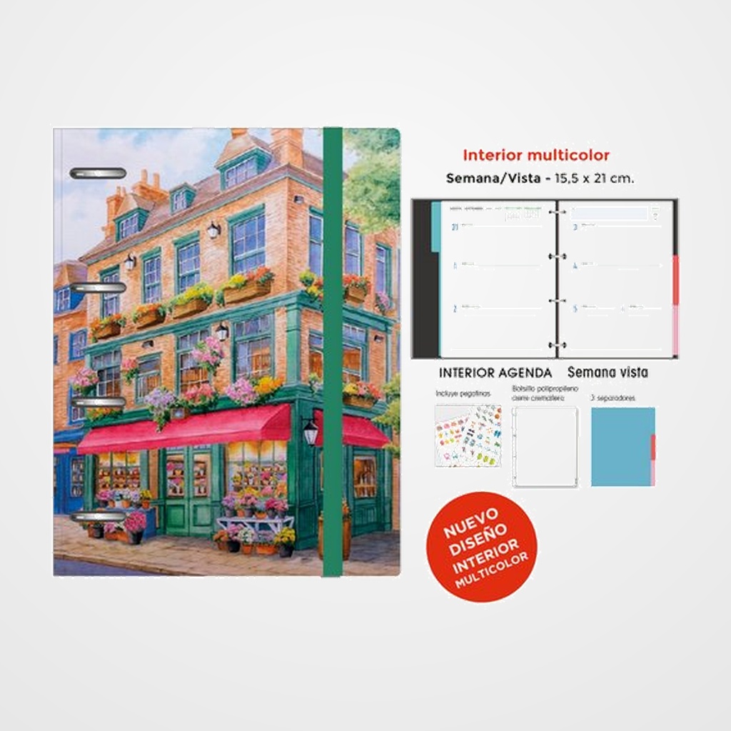 AGENDA ANUAL (2027) SENFORT DECORADA ANILLAS tapa EXTRA con GOMA 155x210 S/V FLORISTERIA