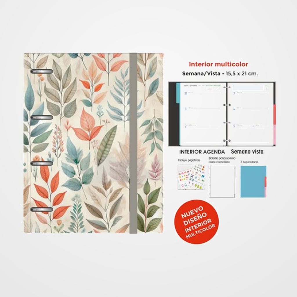 AGENDA ANUAL (2027) SENFORT DECORADA ANILLAS tapa EXTRA con GOMA 155x210 S/V HOJAS COLOR