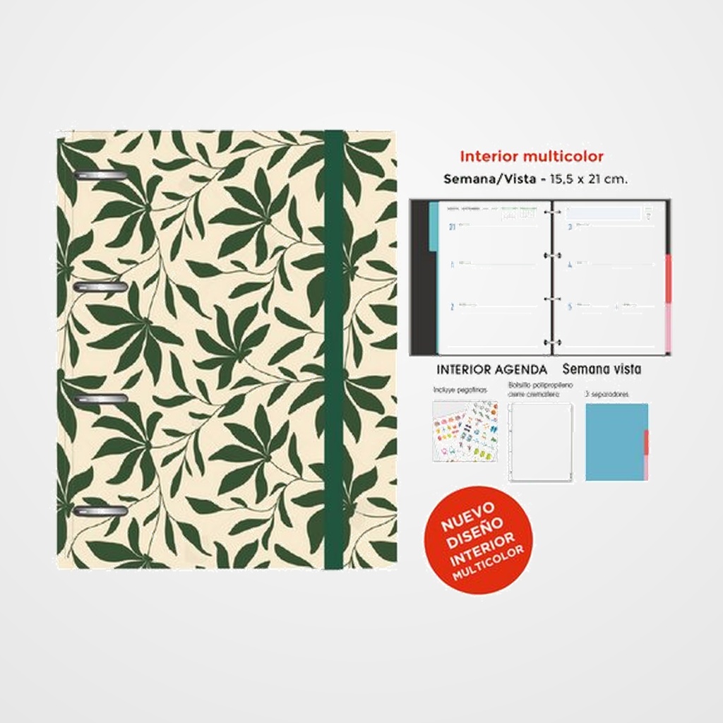 AGENDA ANUAL (2027) SENFORT DECORADA ANILLAS tapa EXTRA con GOMA 155x210 S/V HOJAS VERDES
