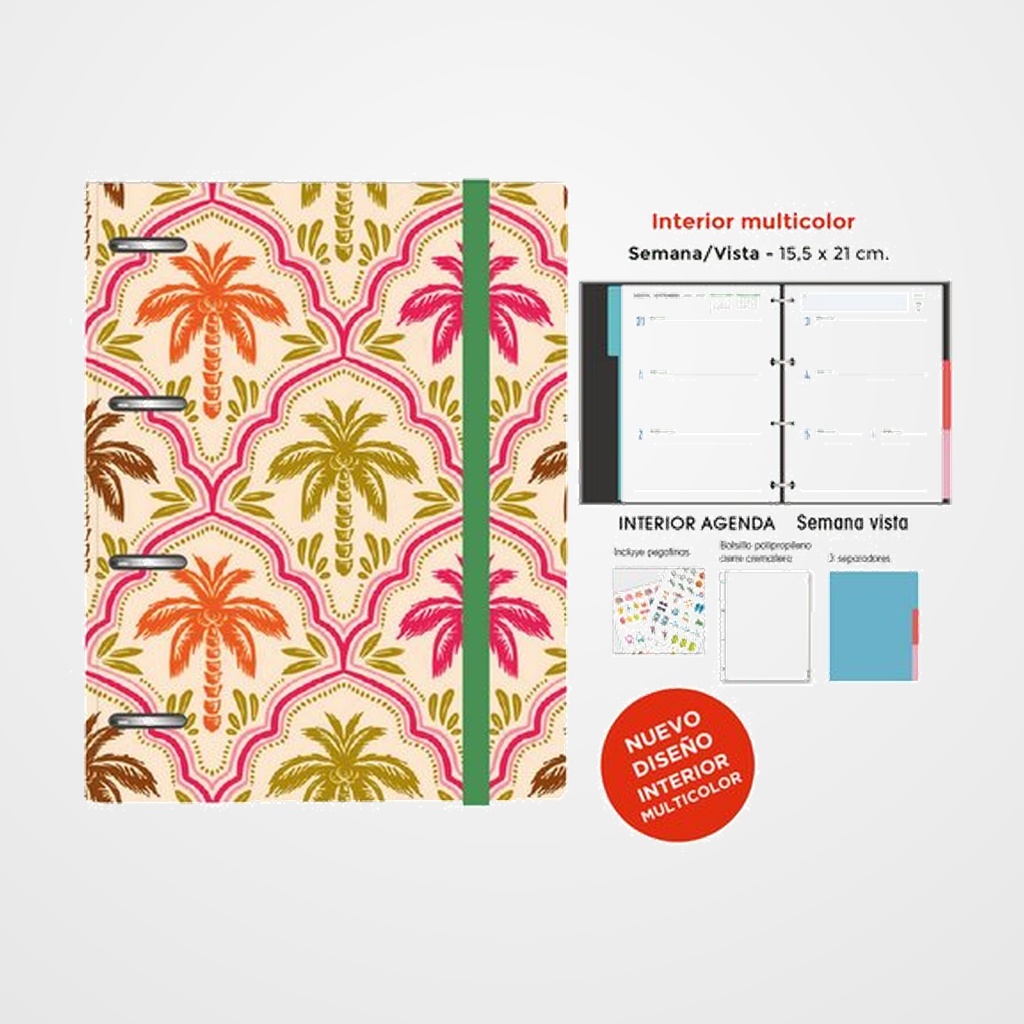 AGENDA ANUAL (2027) SENFORT DECORADA ANILLAS tapa EXTRA con GOMA 155x210 S/V PALMERAS COLOR
