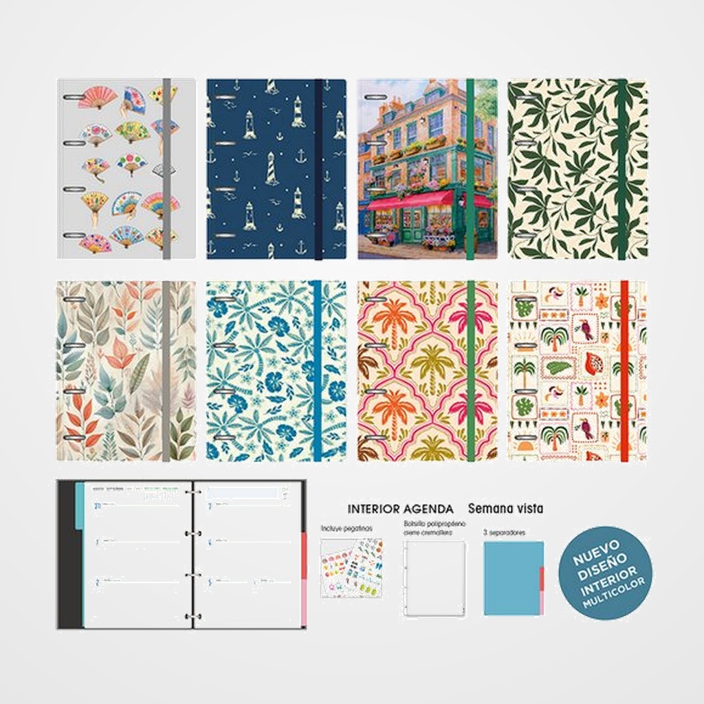 AGENDA ANUAL (2027) SENFORT DECORADA ANILLAS tapa EXTRA con GOMA 155x210 S/V SURTIDO DE 8