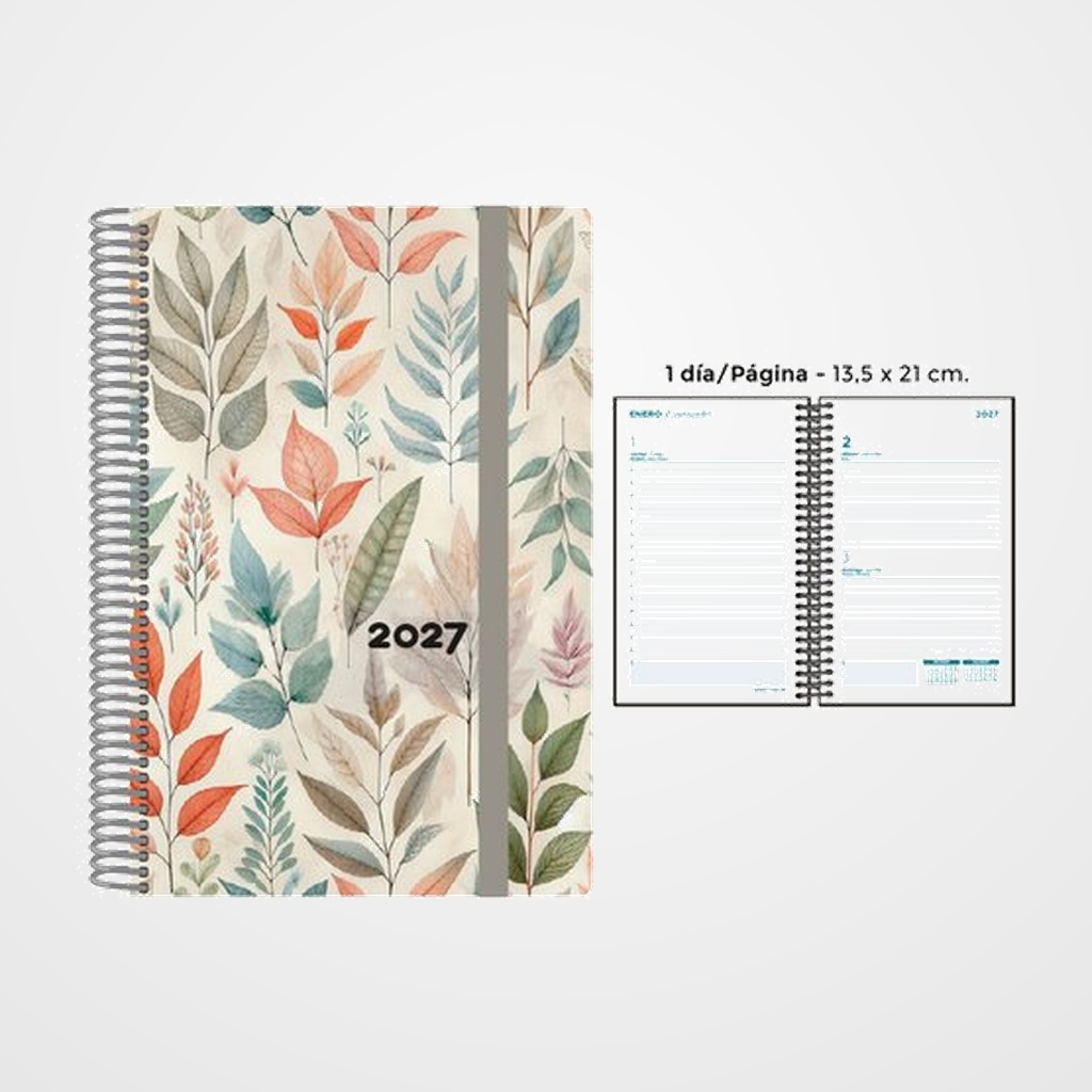 AGENDA ANUAL (2027) SENFORT DECORADA ESPIRAL tapa PP con GOMA 135x210 D/P HOJAS COLOR