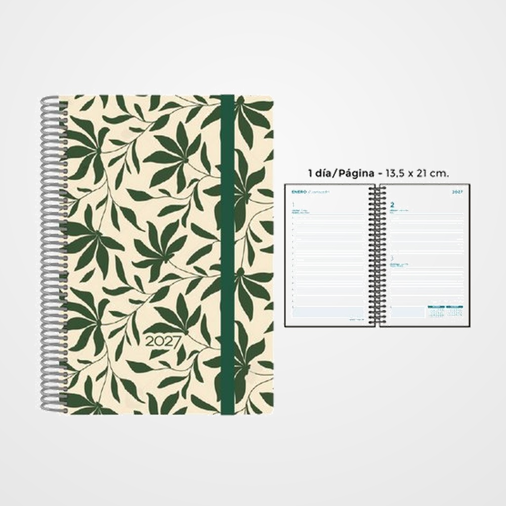 AGENDA ANUAL (2027) SENFORT DECORADA ESPIRAL tapa PP con GOMA 135x210 D/P HOJAS VERDES
